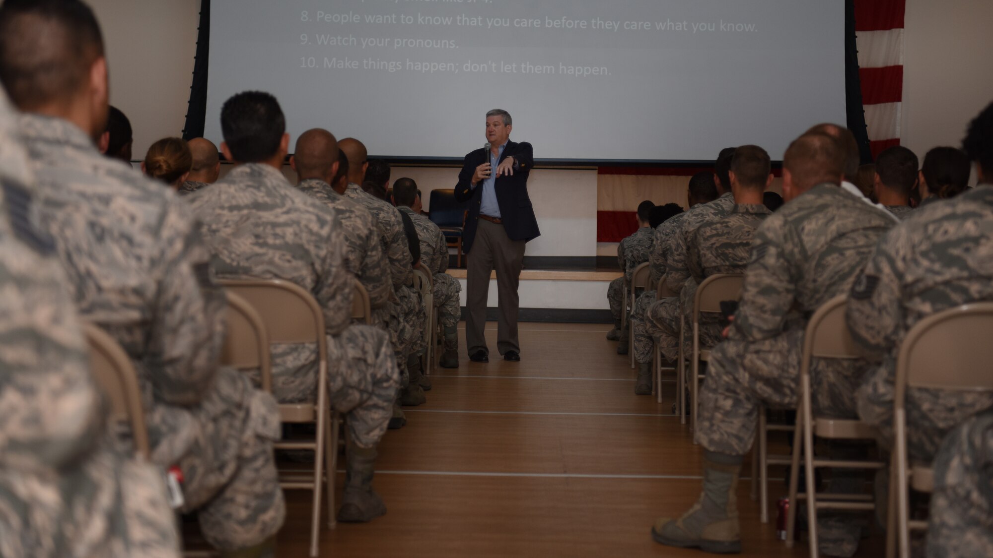 Retired U.S. Air Force Lt. Gen. Vern Findley spoke to the 56th Mission Support Group during a wing training day July 23, 2018 at Luke Air Force Base, Ariz.