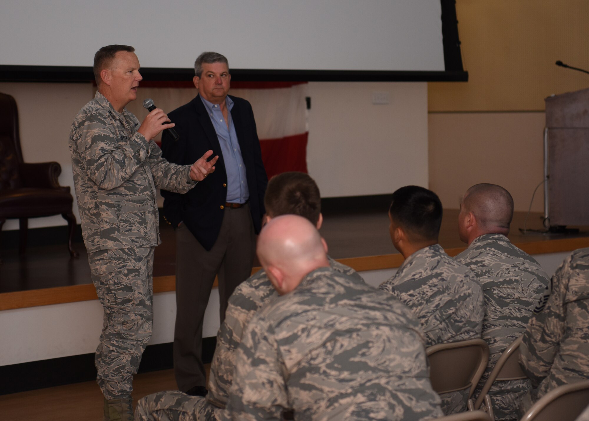 U.S. Air Force Col. Robert Sylvester, 56th Mission Support Group commander, gives closing remarks at the 56 MSG leadership development event July 23, 2018 at Luke Air Force Base, Ariz.