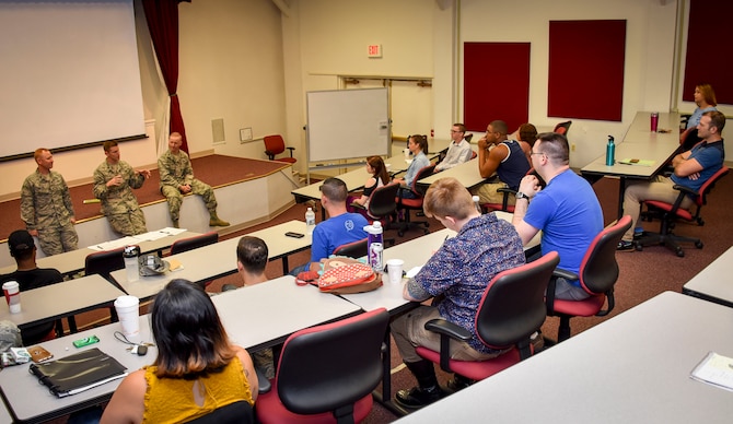 Squadron commanders from the 22nd, 29th and 34th Intelligence Squadrons, conduct a commander’s panel with potential members of the Wingmen Connect Program July 18, 2018, at Fort George G. Meade, Maryland.