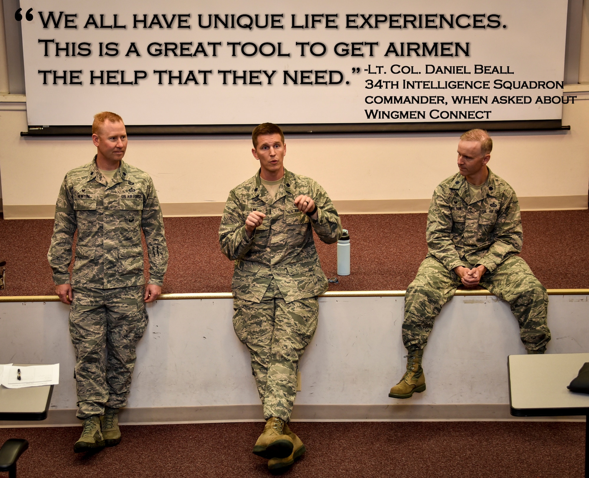 Lt. Col. Daniel Beall (middle), 34th Intelligence Squadron commander, shares his thoughts on the Wingmen Connect Program July 18, 2018, at Fort George G. Meade, Maryland. Wingmen Connect was formed to foster an Air Force culture where members are comfortable seeking and receiving help from supporting organizations and experienced Wingmen across all ranks for a healthier, more resilient Air Force. (U.S. Air Force graphic by Staff Sgt. AJ Hyatt)