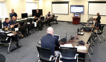 Members of the District of Columbia National Guard’s 33rd Civil Support Team and Delaware’s 31st CST, man the joint operations center on July 17, 2018, at the D.C. Armory in Washington, D.C. The JOC was the center for operations during the 33rd and 31st CSTs mobilization for the 2018 MLB All-Star Game at Nationals Park. (screens have been blurred) (U.S. Army National Guard photo by Kevin Valentine/released)