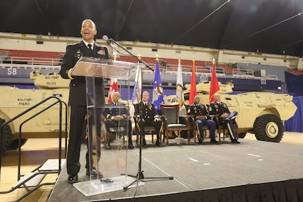 WASHINGTON - Brig. Gen. Aaron R. Dean II gives remarks after the Land Component Command change of responsibility ceremony, June 10, 2018 at the District of Columbia Armory. Dean is the adjutant general of the District of Columbia National Guard.  (U.S. Army National Guard photo by Sgt. Adrian Shelton/Released)