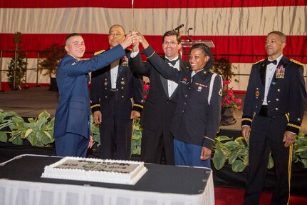 Dr. Mark T. Esper, 23rd Secretary of the U.S. Army, delivers his speech to the 750 attendees of the District of Columbia National Guard Military Ball at the DCNG Armory May 5, 2018. Esper, a former DCNG Capital Guardian, spoke about his time in the DCNG, his experiences in all three Army components, and his time as the Secretary of the Army. (U.S. Army photo by Daniel Torok)