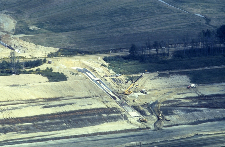 This is an aerial view of the Tennessee-Tombigbee Waterway under construction Sept. 4, 1981. The U.S. Army Corps of Engineers Nashville District built the northern 29 miles of the project, including the massive 27-mile divide cut, which connected the waterway with Pickwick Lake on the Tennessee River. (USACE Photo)