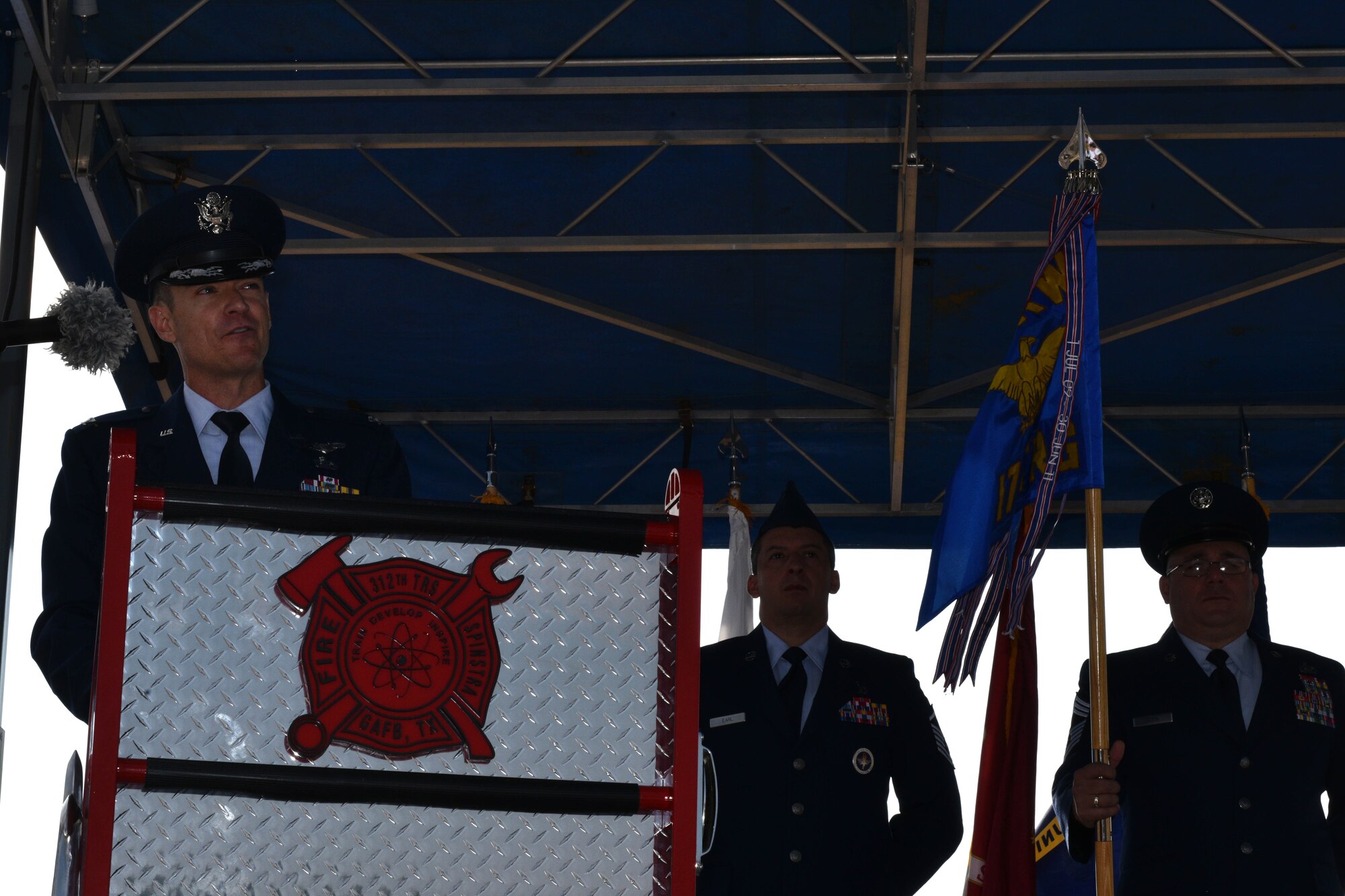 U.S. Air Force Col. Thomas Coakley, 17th Training Group incoming commander, speaks during the 17th TRG Change of Command on the parade field on Goodfellow Air Force Base, Texas, July 27, 2018. The 17th TRG oversees the 17th Training Support Squadron, the 316th Training Squadron, the 315th Training Squadron and the 312th Training Squadron.
