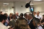 Defense Secretary James N. Mattis, center right, meets with reporters and takes their questions in the Pentagon.