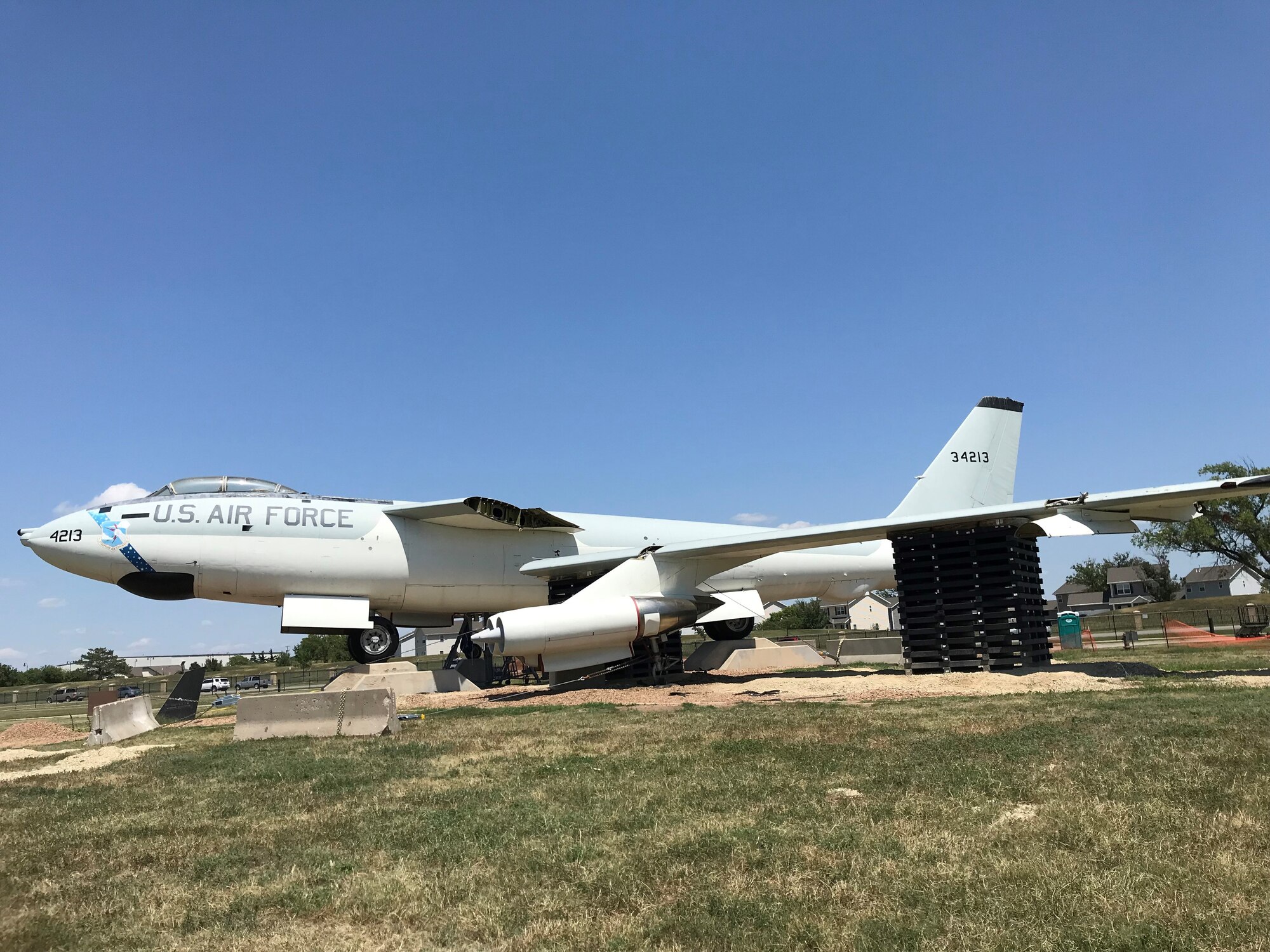 The Airmen of Team McConnell's Maintenance Group have been hard at work on the broken wing of the B-47 Stratojet, July 27, 2018, McConnell Air Force Base, Kan.  A heavy wind storm blew the wing of the static display earlier this month.