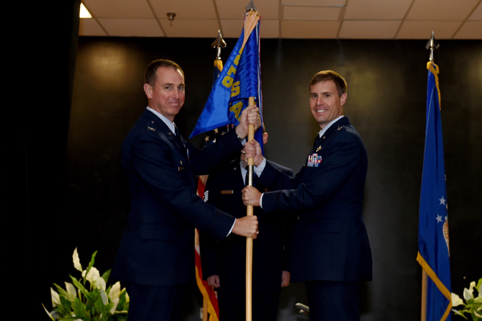 U.S. Air Force Lt. Col. Brent Toth, commander of the 56th Air Refueling Squadron, assumes command, July, 12, 2018, at Altus Air Force Base, Okla.