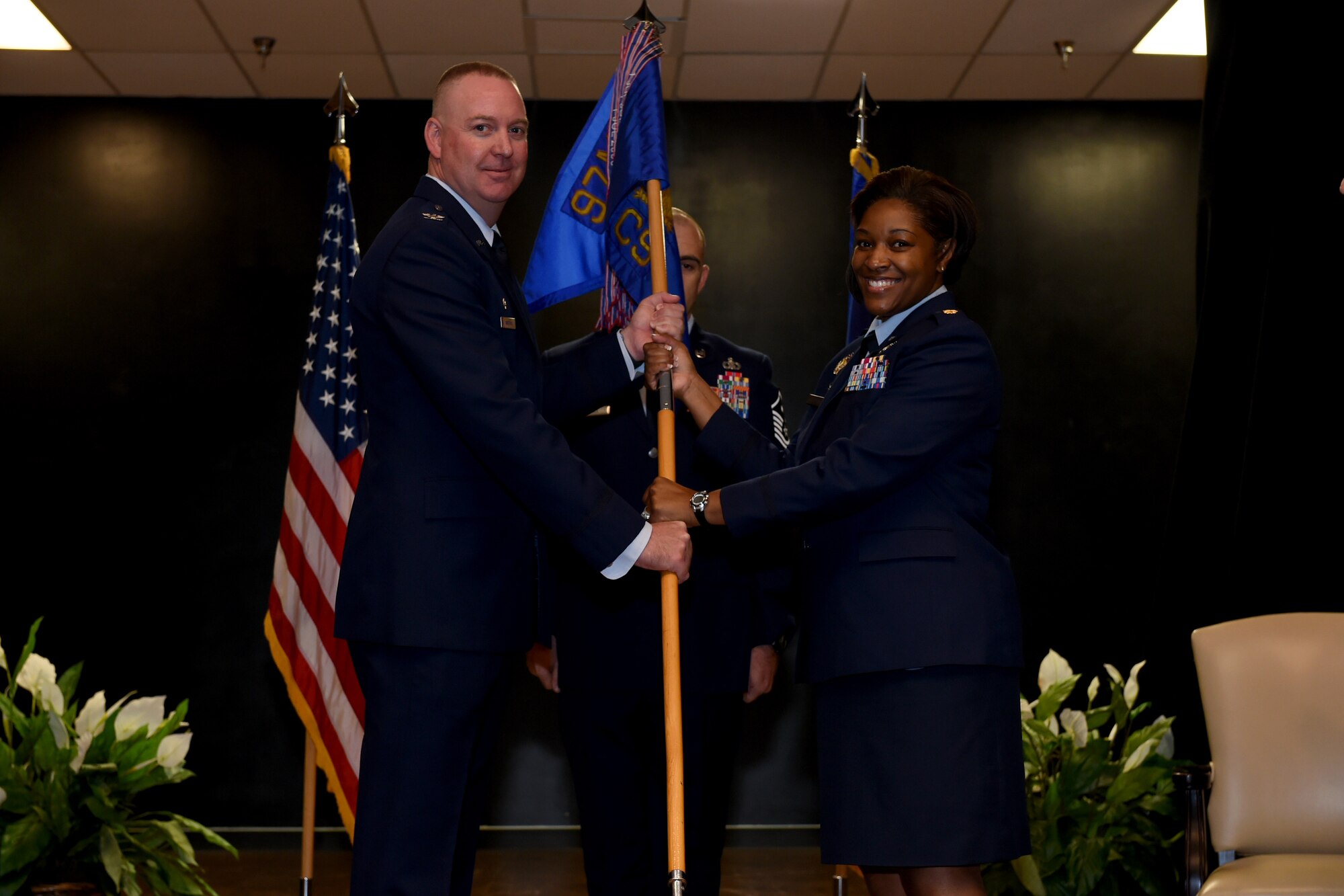 U.S. Air Force Maj Marshalia Vaghans, commander of the 97th Communications Squadron, assumes command, July, 27, 2018, at Altus Air Force Base, Okla.