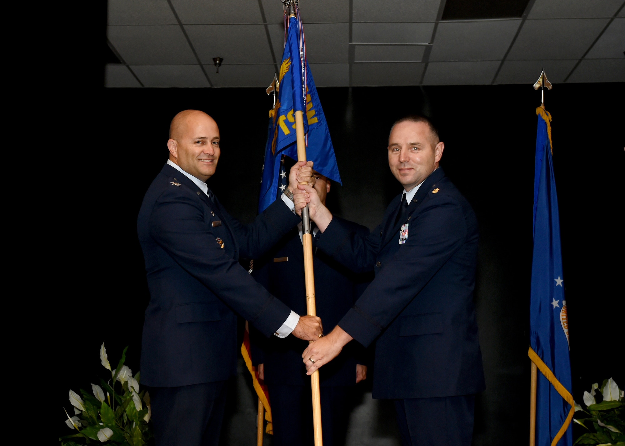 U.S. Air Force Maj. Damon Mace, commander of the 97th Comprtoller Squadron, assumes command, July, 09, 2018, at Altus Air Force Base, Okla.