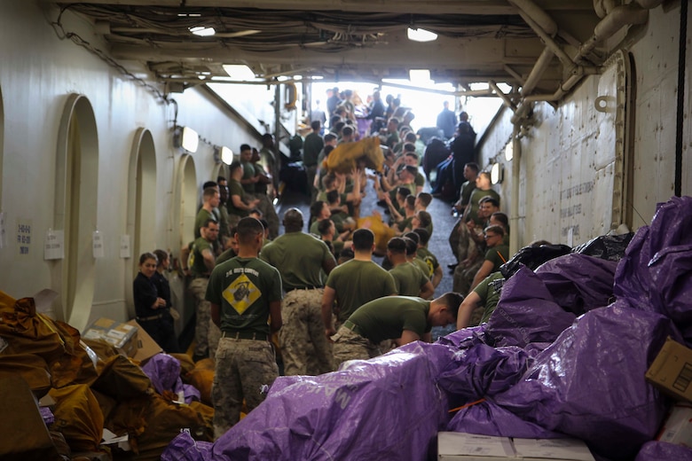 MEDITERRANEAN SEA (May 15, 2018) Marines and Sailors aboard the San Antonio-class amphibious transport dock USS New York (LPD 21) organize mail May 15, 2018. The New York receives mail during replenishments-at-sea and in port while deployed to the U.S. 6th Fleet area of operations. U.S. 6th Fleet, headquartered in Naples, Italy, conducts the full spectrum of joint and naval operations, often in concert with allied and interagency partners, in order to advance U.S. national interests and security and stability in Europe and Africa. (U.S. Marine Corps photo by Cpl. Juan A. Soto-Delgado/Released)