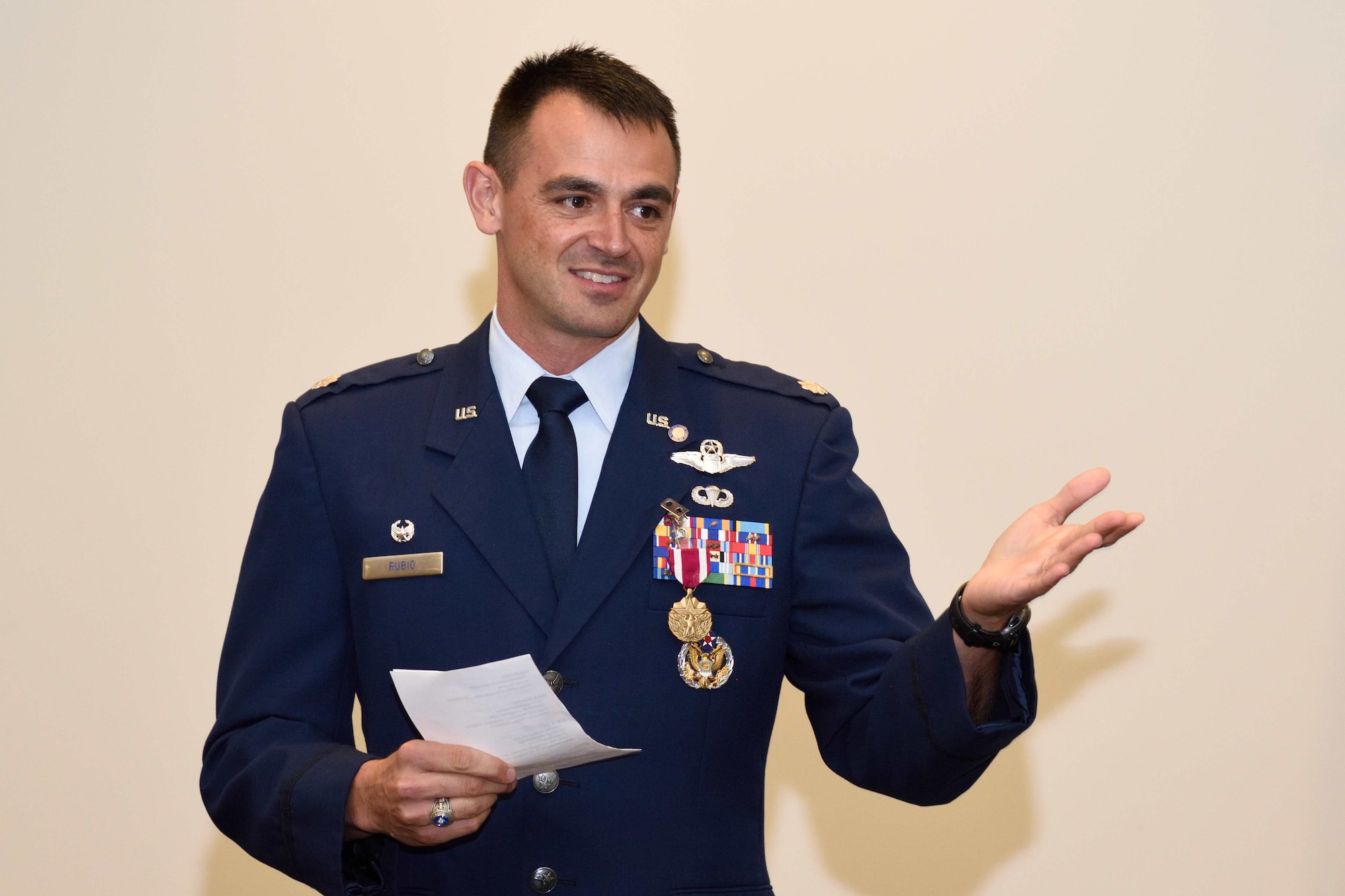Lt. Col. Stuart M. Rubio, commander of the Air Force Reserve’s 815th Airlift Squadron “Flying Jennies” speaks at his retirement ceremony held July 28, 2018, at the Roberts Consolidated Maintenance Facility, Keesler Air Force Base, Mississippi. Rubio, an active-duty C-130 pilot who has been commander of the Flying Jennies since February of 2016, will still continue to serve as commander of the squadron, but instead as a reservist as part of the Regular Air Force to Air Force Reserve Program. (U.S. Air Force photo by Tech. Sgt. Ryan Labadens)