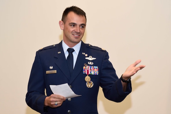 Lt. Col. Stuart M. Rubio, commander of the Air Force Reserve’s 815th Airlift Squadron “Flying Jennies” speaks at his retirement ceremony held July 28, 2018, at the Roberts Consolidated Maintenance Facility, Keesler Air Force Base, Mississippi. Rubio, an active-duty C-130 pilot who has been commander of the Flying Jennies since February of 2016, will still continue to serve as commander of the squadron, but instead as a reservist as part of the Regular Air Force to Air Force Reserve Program. (U.S. Air Force photo by Tech. Sgt. Ryan Labadens)