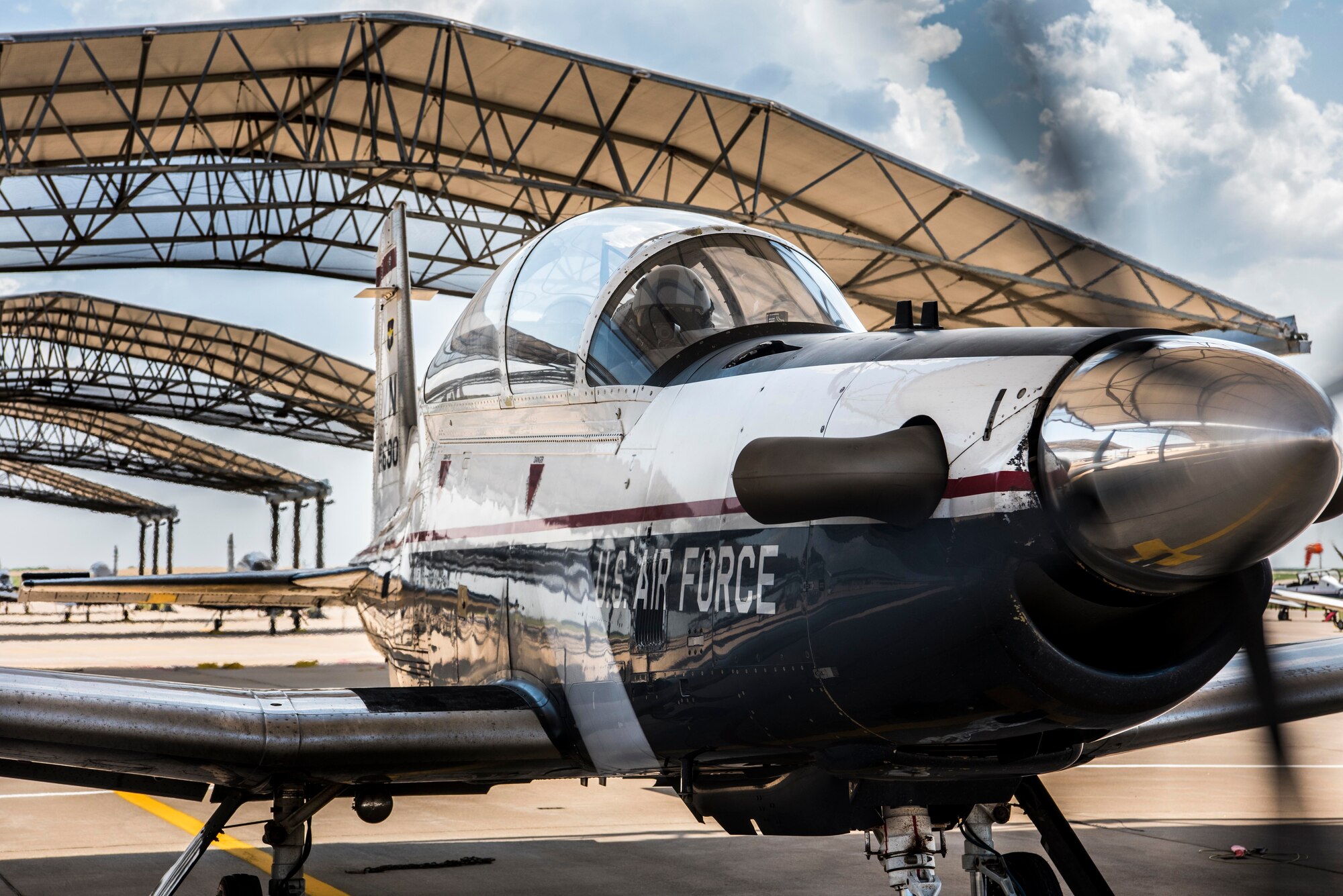 A student and instructor pilot prepare to taxi in a T-6A Texan II, June 13, 2018, Vance Air Force Base, Okla. The T-6 is the first aircraft students attending Specialized Undergraduate Pilot Training learn to fly before moving on to more specialized aircraft. (U.S. Air Force photo by Airman 1st Class Zachary Heal)
