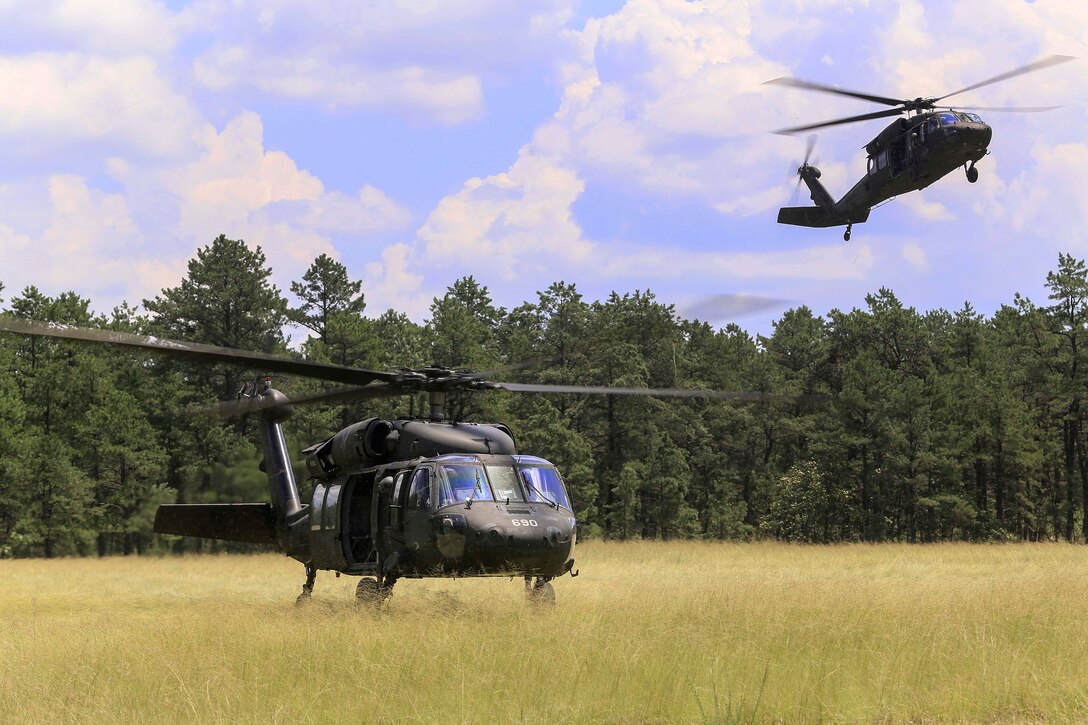 Two Army UH-60L Black Hawk helicopters prepare to land and pick up soldiers.