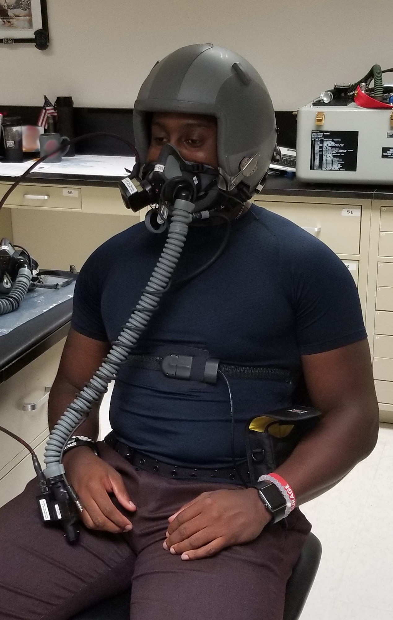 Anthony Turner, a research consultant with the 711th Human Performance Wing at Wright-Patterson Air Force Base, Ohio, wears PHYSIO, a compression undershirt, during lab testing. The undershirt is designed to provide continuous monitoring of multiple vital signs while in flight to enhance aircrew safety. (Courtesy photo illustration)