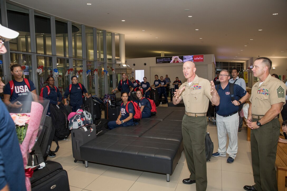 U.S. Marine Corps Col. Richard F. Fuerst, the commanding officer of Marine Corps Air Station Iwakuni, welcomes the U.S.A. National Women’s Softball team upon arrival in Iwakuni City, Japan, July 27, 2018. The purpose of the U.S.A. softball team’s visit is to train for the upcoming Olympics using the new Kizuna Stadium in Iwakuni City. The stadium is a hallmark of what the U.S.-Japan friendship has accomplished in Iwakuni City. (U.S. Marine Corps photo by Cpl. Joseph Abrego)