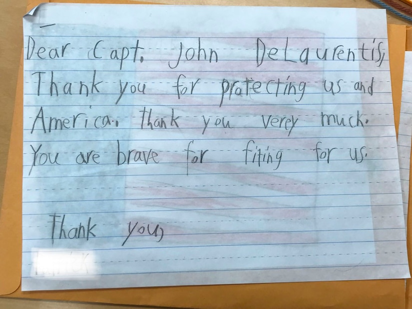 A letter written by a student at Sherman Elementary School in Roselle, New Jersey, was sent to U.S. Air Force Capt. John DeLaurentis, 363rd Intelligence, Surveillance and Reconnaissance Wing deputy director, plans and programs, to show support for his military service. Students learned about DeLaurentis during a lesson about Memorial Day and wanted to thank him by sending him letters and drawings. (Courtesy Photo)
