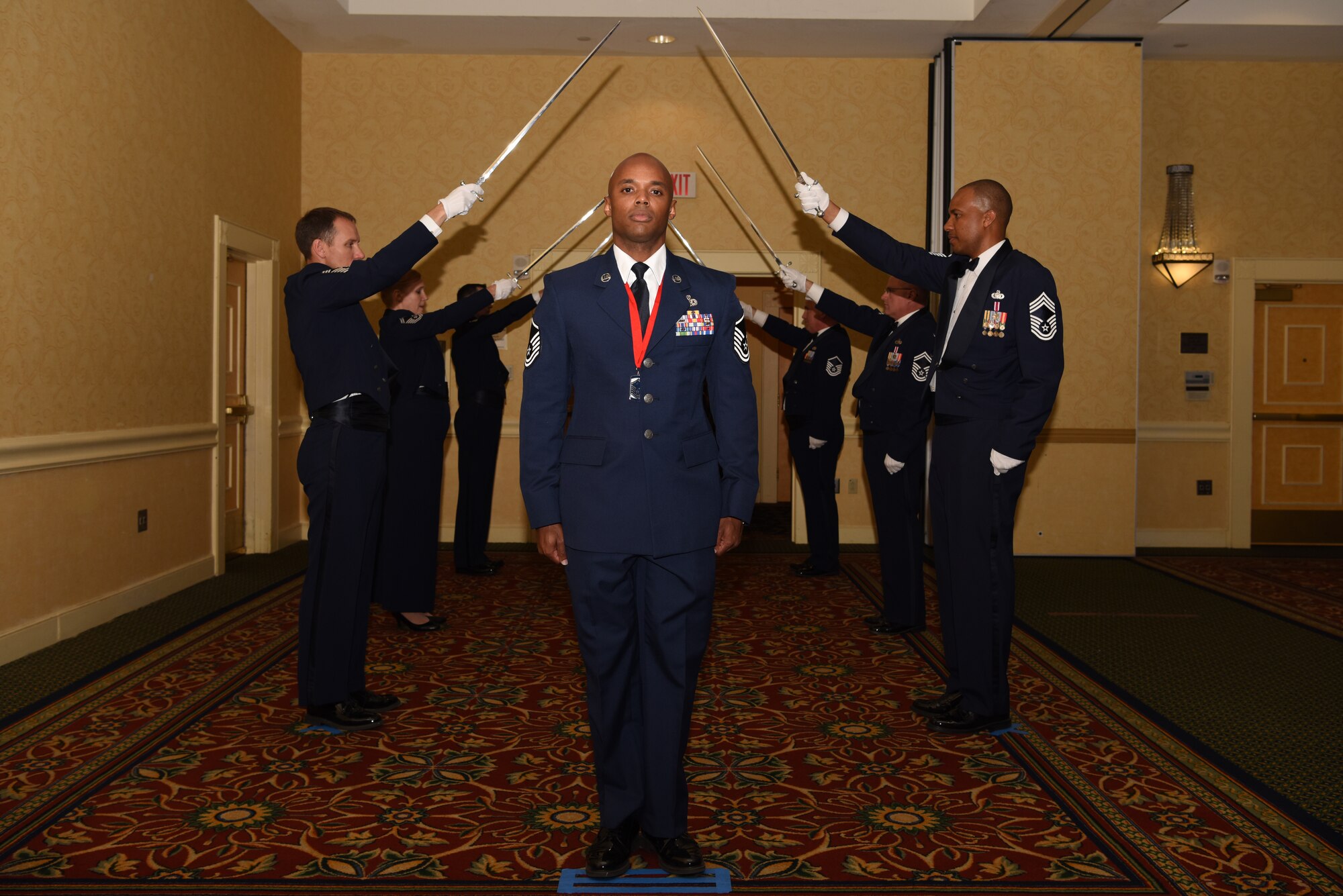 Master Sgt. James Woodard, a senior NCO inductee, poses for a photo at the Senior NCO Induction Ceremony in Albuquerque, N.M., July 27. The event welcomed new master sergeants and master sergeant selects into the senior NCO corp. (U.S. Air Force photo by Senior Airman Eli Chevalier)