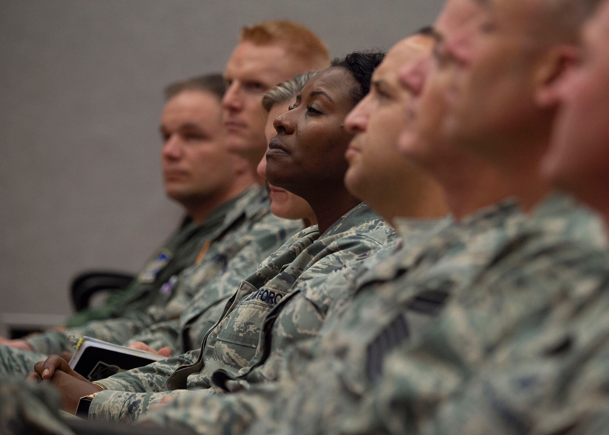 Senior leaders from the 15th Wing gather at the Hollister Auditorium to listen to Air Force Vice Chief of Staff Gen. Stephen W. Wilson during a meeting, Joint Base Pearl Harbor-Hickam, Hawaii, July 26, 2018.  Wilson visited Airmen from around the 15th Wing after the Pacific Air Forces change of command ceremony to discuss the importance of modernization, readiness, innovation and revitalizing squadrons. (U.S. Air Force photo by Tech. Sgt. Heather Redman)