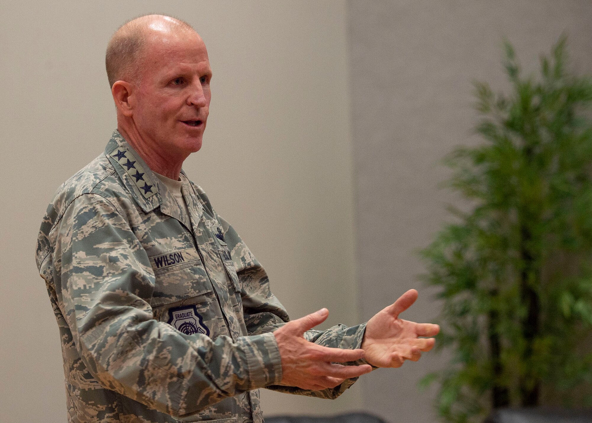 Air Force Vice Chief of Staff Gen. Stephen W. Wilson talks to squadron commanders, chiefs and first sergeants during his visit to the 15th Wing, Joint Base Pearl Harbor-Hickam, Hawaii, July 26, 2018. Wilson visited Airmen from around the 15th Wing after the Pacific Air Forces change of command ceremony to discuss the importance of modernization, readiness, innovation and revitalizing squadrons. (U.S. Air Force photo by Tech. Sgt. Heather Redman)