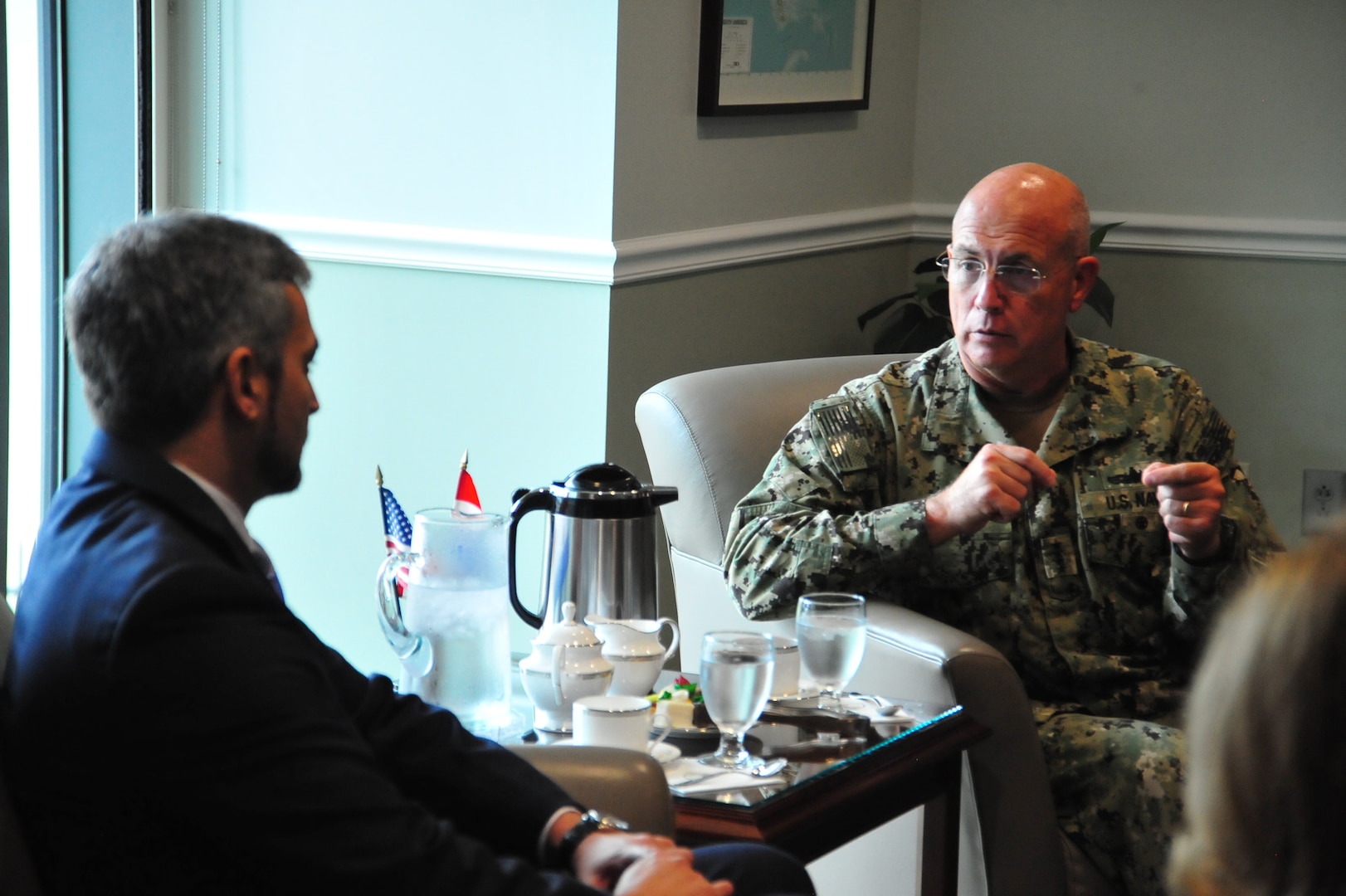 U.S. Navy Adm. Kurt Tidd chats with Paraguay President-elect Mario Abdo Benitez.
