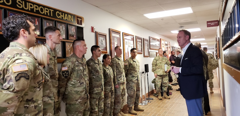 Deputy Defense Secretary Patrick M. Shanahan talks to staff at Womack Army Medical Center, Fort Bragg, North Carolina.