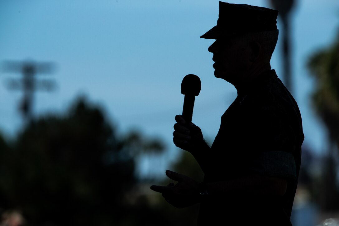 U.S. Marine Corps Lt. Gen. Joseph L. Osterman, the incoming commanding general of I Marine Expeditionary Force, makes remarks during the I MEF change of command ceremony July 30, 2018, at Camp Pendleton, California. Prior to assuming his duties as the commanding general of I MEF, Osterman served as the deputy commander of United States Special Operations Command. (U.S. Marine Corps photo by Lance Cpl. Megan Brown)