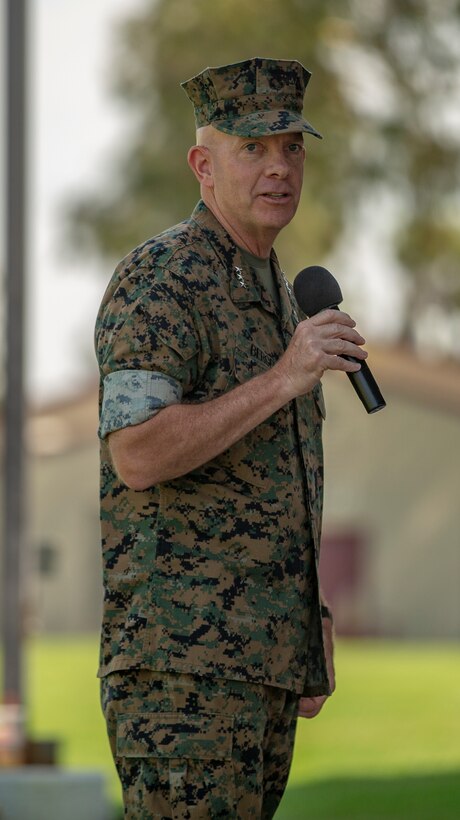 U.S. Marine Corps Lt. Gen. David H. Berger, commander of U.S. Marine Corps Forces Pacific, gives his remarks during the I Marine Expeditionary Force change of command, July 30, 2018, at Camp Pendleton, California. (U.S. Marine Corps Photo by Cpl. Jacob A. Farbo)