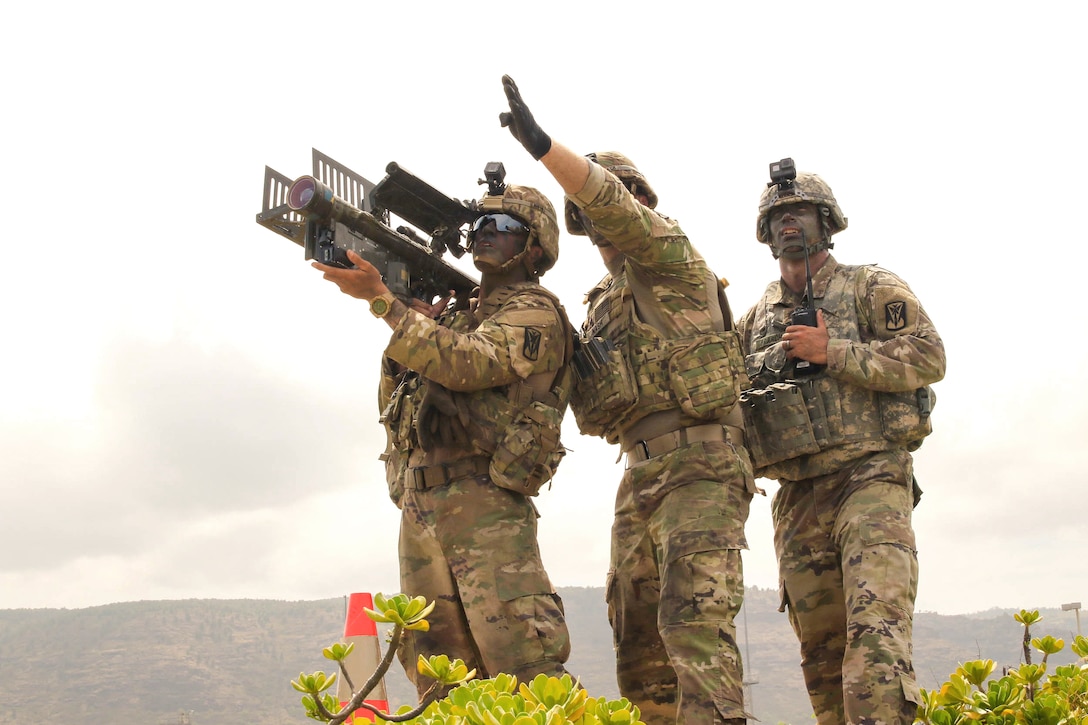 Soldiers scan their sector before engaging an unmanned aerial vehicle target.