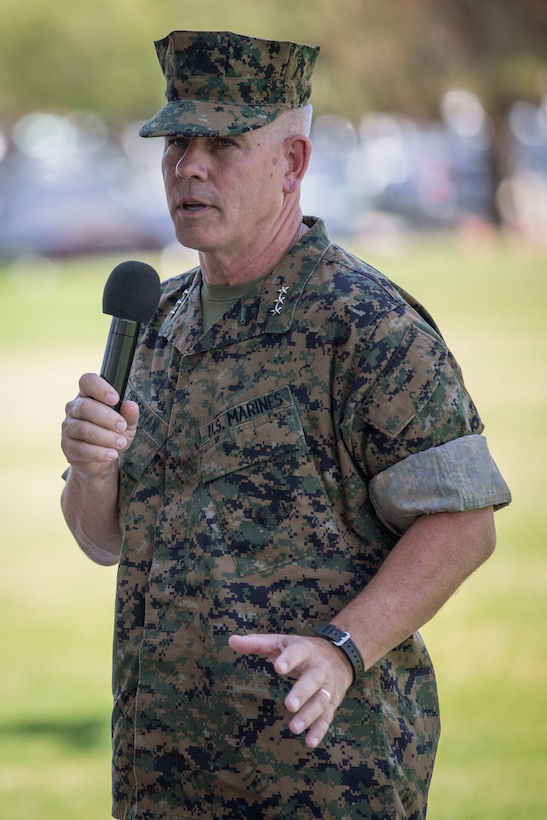 U.S. Marine Corps Lt. Gen. Joseph L. Osterman, the incoming commanding general of l Marine Expeditionary Force, makes remarks during a change of command ceremony held at Camp Pendleton, California, July 30, 2018. During the ceremony, Lt. Gen. Lewis A. Craparotta relinquished command of I MEF to Osterman. (U.S. Marine Corps photo by Lance Cpl. Dalton S. Swanbeck)