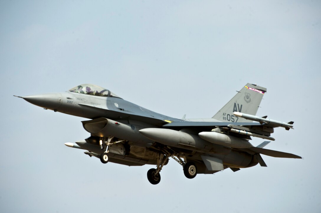 An F-16C Fighting Falcon aircraft prepare to land after a flight mission.