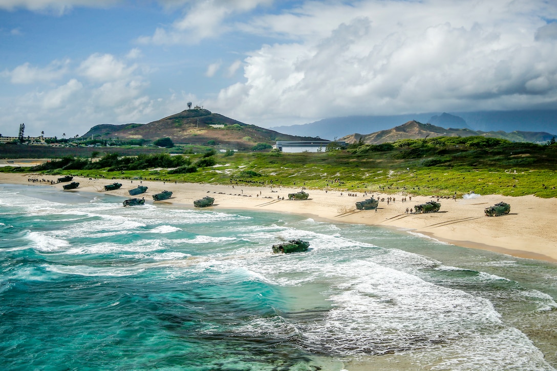 Troops depart from amphibious vehicles emerging onto a beach.