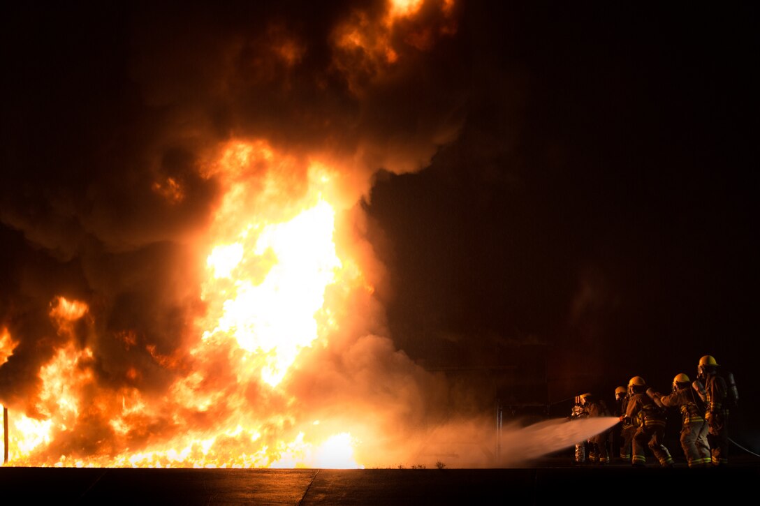 Aircraft Rescue and Fire Fighting Marines conduct a controlled burn training exercise aboard Marine Corps Air Station Beaufort July 30. The training simulated a jet fire and familiarized the Marines with their equipment and standard operating procedures. MCAS Beaufort’s ARFF unit is responsible to respond to fires not only aboard the air station, but also throughout Beaufort County.