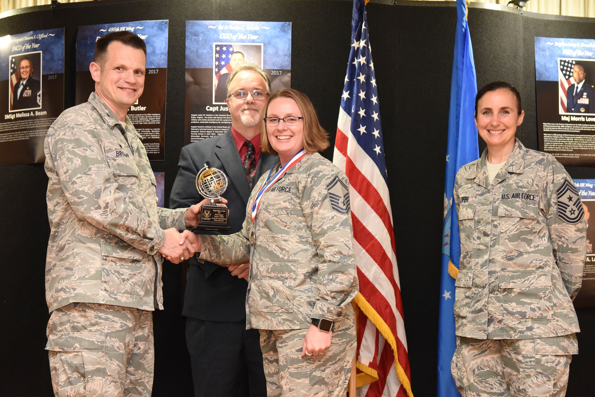 One of the 480th Intelligence, Surveillance and Reconnaissance Wing’s exceptional Airmen, U. S. Air Force Senior Master Sgt. Melissa A. Beam, was recognized as one of the Air Force’s 2018 12 Outstanding Airmen of the Year in the senior noncommissioned officer category.