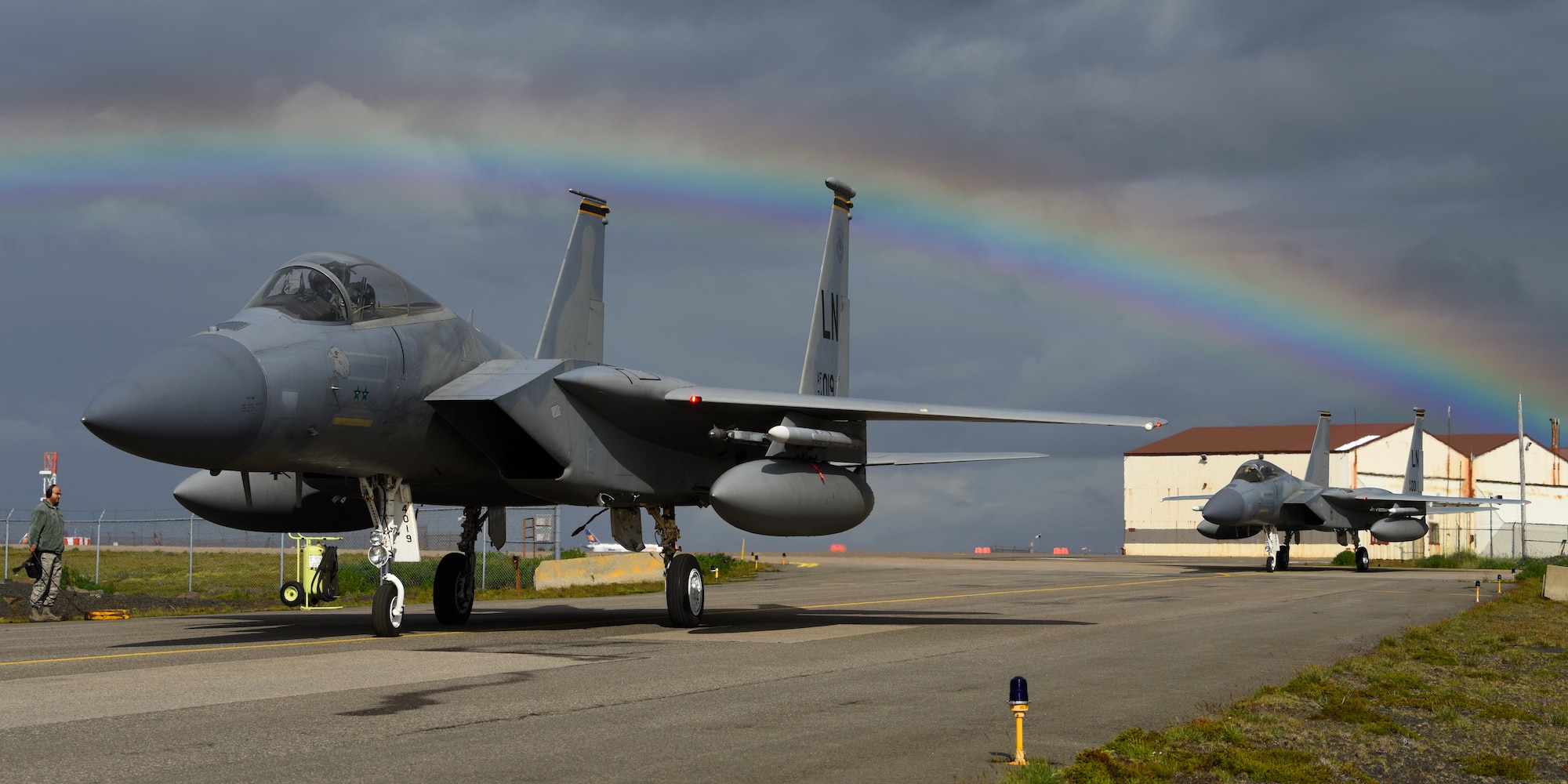Two F-15C Eagles assigned to the 493rd Expeditionary Fighter Squadron taxi at Keflavik Air Base, Iceland, July 30, 2018 in support of NATO’s Icelandic Air Surveillance mission. The U.S. routinely and visibly demonstrates commitment to its allies and partners through the global employment of its military forces. (U.S. Air Force photo/ Staff Sgt. Alex Fox Echols III)