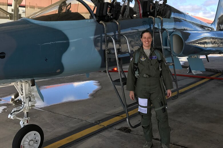 Col. Courtney Hamilton, 307th Bomb Wing vice-commander, stands outside a T-38 Talon Feb. 14, 2018.  Hamilton made the transition to the bomber community after 18 years as an F-15 Eagle fighter pilot and a T-38 instructor pilot.  (courtesy photo)