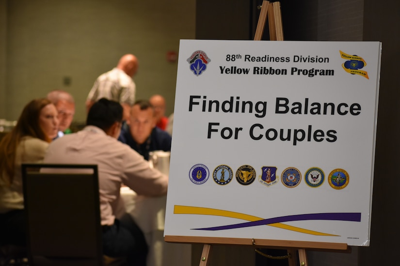 U.S. Army Reserve Soldiers and their families attend a Finding Balance for Couples training session during the 88th Readiness Division’s Yellow Ribbon Reintegration Program event, in Schaumburg, Ill., July 21. (U.S. Army photo by Catherine Carroll/Released)