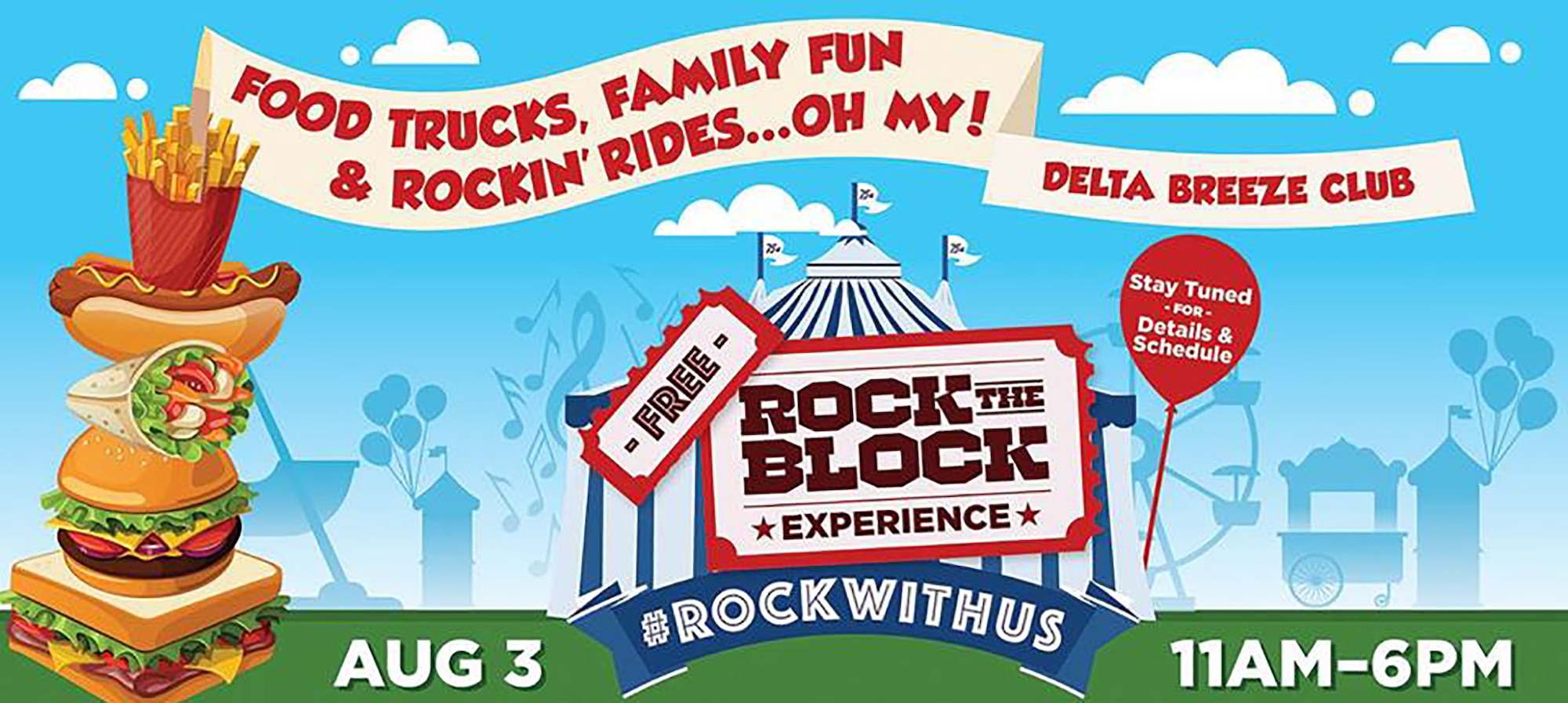 Team Travis members are invited to the 2018 Rock the Block Experience, August 3 in front of the Delta Breeze Club for a full day of music, food and family fun!