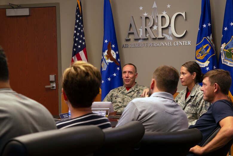 Col. Michael Burns, the Air Reserve Personnel Center director, explains the center’s mission to 302nd Airlift Wing’s Partners in Leadership program participants during a tour of Buckley Air Force Base, Colorado, July 20, 2018. (U.S. Air Force photo by Staff Sgt. Frank Casciotta)