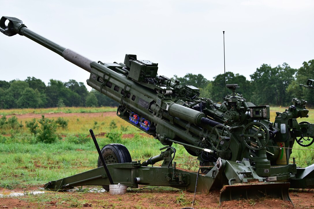 Guard soldiers conduct a live-fire training exercise with the M777A2 towed 155 mm howitzers at Fort Chaffee Joint Maneuver Training Center, Arkansas.