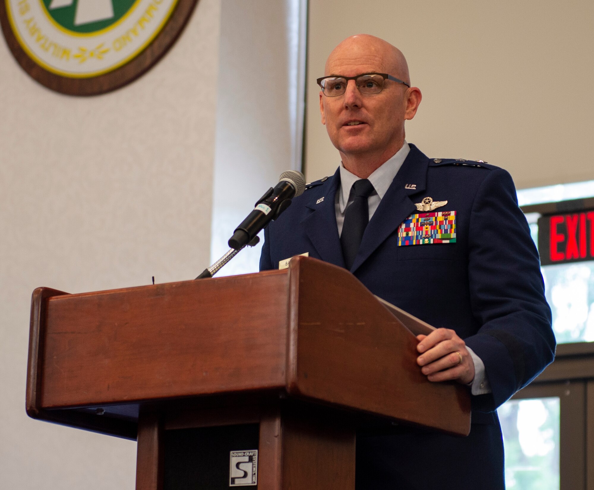 Maj. Gen. Sam Barrett, 18th Air Force Commander, speaks to the audience during the 18th AF Change of Command Ceremony July 31, at Scott Air Force Base, Ill. Barrett comes to 18 AF from his position as the Director of operations, Strategic Deterrence and Nuclear Integration, Headquarters Air Mobility Command, Scott AFB. (U.S. Air Force photo by Airman 1st Class Chad Gorecki)