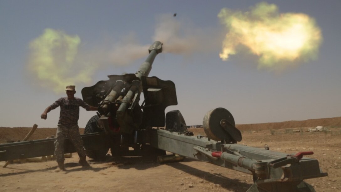 Iraqi security forces fire artillery at known Islamic State of Iraq and Syria locations near the Iraqi-Syrian border.