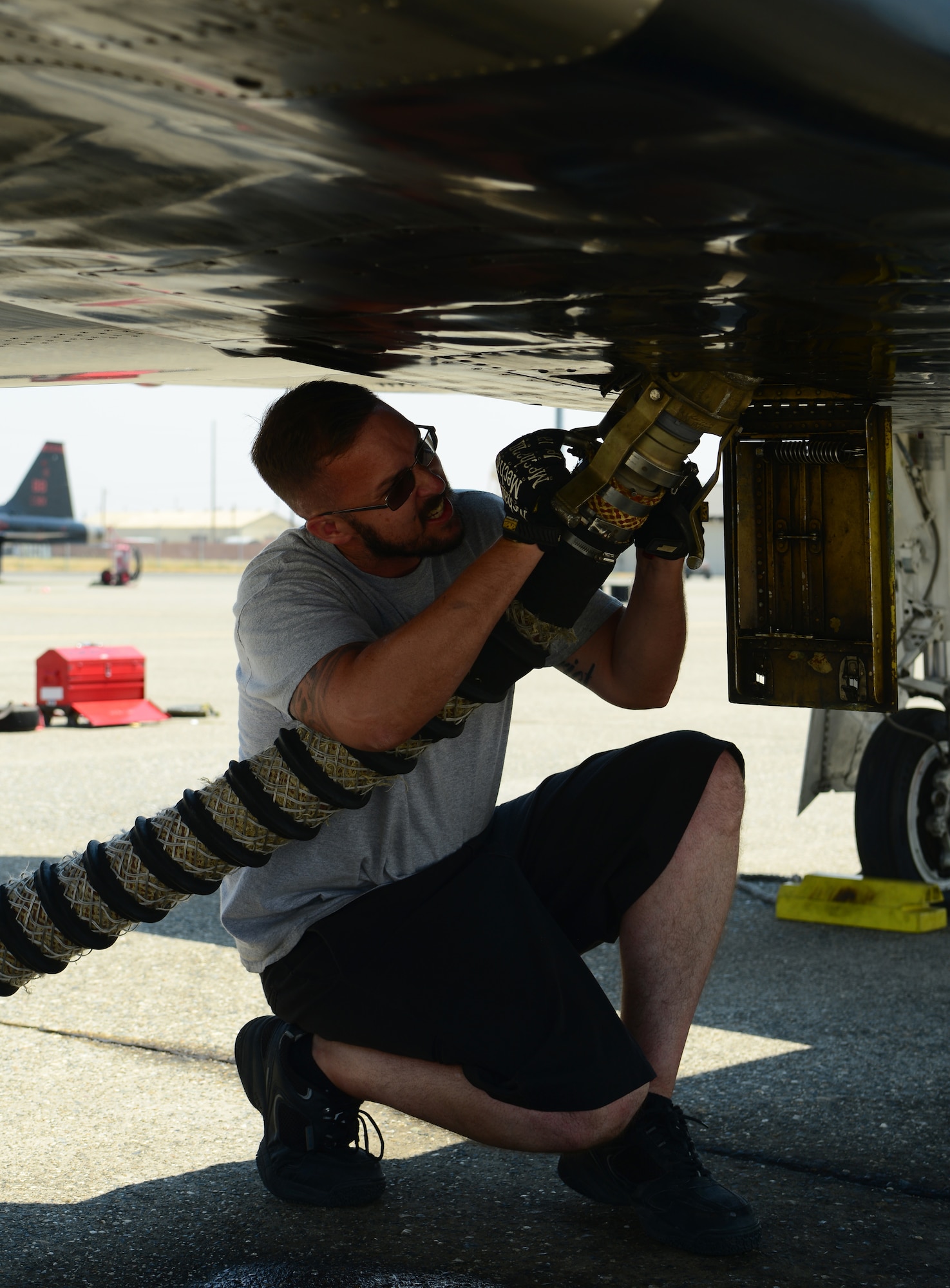 Recce Town’s T-38 Talons are a part of the companion trainer program, which provides U-2 Dragon Lady pilots with general flight training so they can keep their flying hours current. T-38 mechanics are responsible for keeping the Talons in working order. The mechanics recover the aircraft, perform inspections, provide refueling, and conduct scheduled and unscheduled maintenance. On average, the T-38s fly between 10 and 15 sorties a day. This pace allows up to 30 pilots to fly each day and helps keep them sharp.