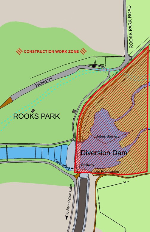 Map of the forebay work zone at Mill Creek's diversion dam.