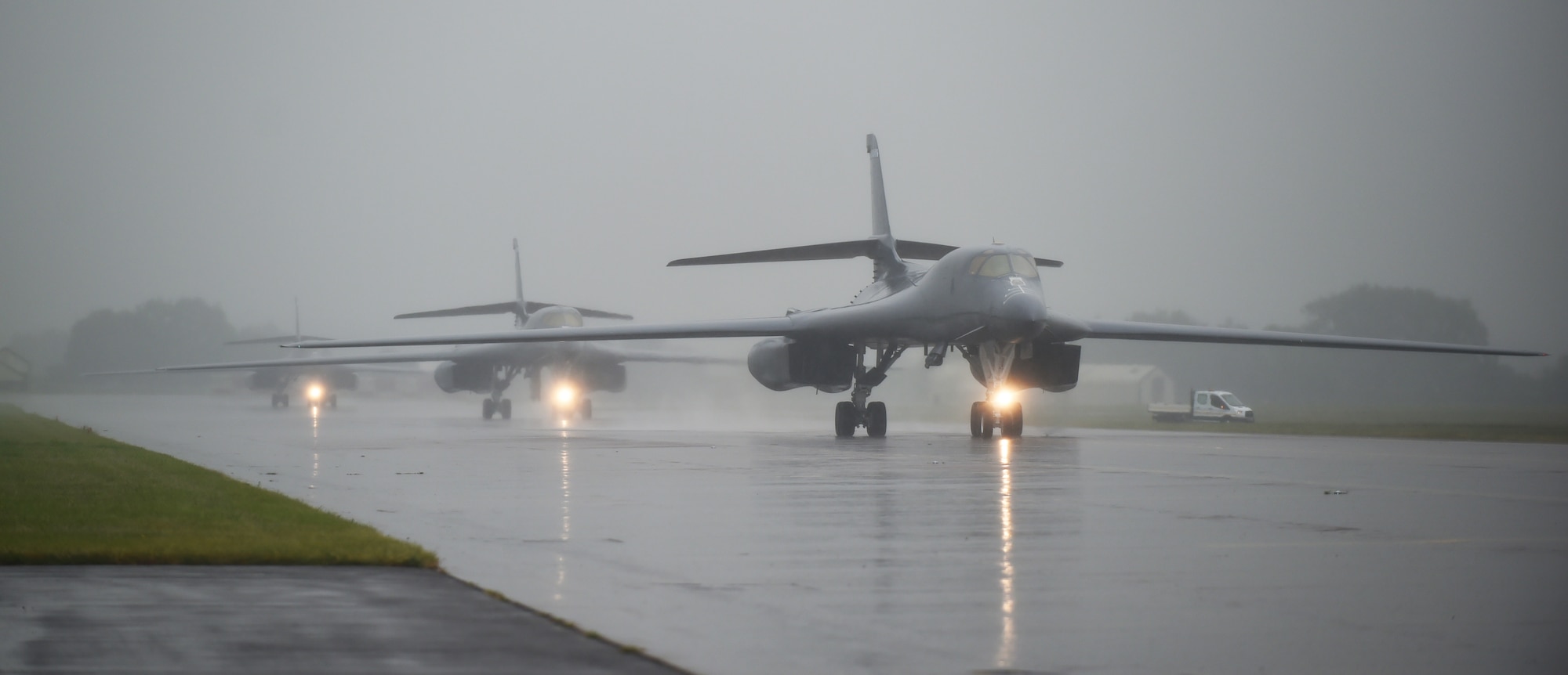 Three U.S. Air Force B-1B Lancers assigned to the 345th Bomb Squadron at Dyess Air Force Base, Texas, arrive at RAF Fairford, U.K., in support of NATO cross-servicing exercises in Europe, May 30, 2018. The 345th BS’s presence in Europe allows Dyess Airmen to work with U.S. allies to develop and improve ready air forces capable of maintaining regional stability. Bomber missions demonstrate the credibility and flexibility of our forces to address a broad range of global challenges. (U.S. Air Force photo by Senior Airman Emily Copeland)