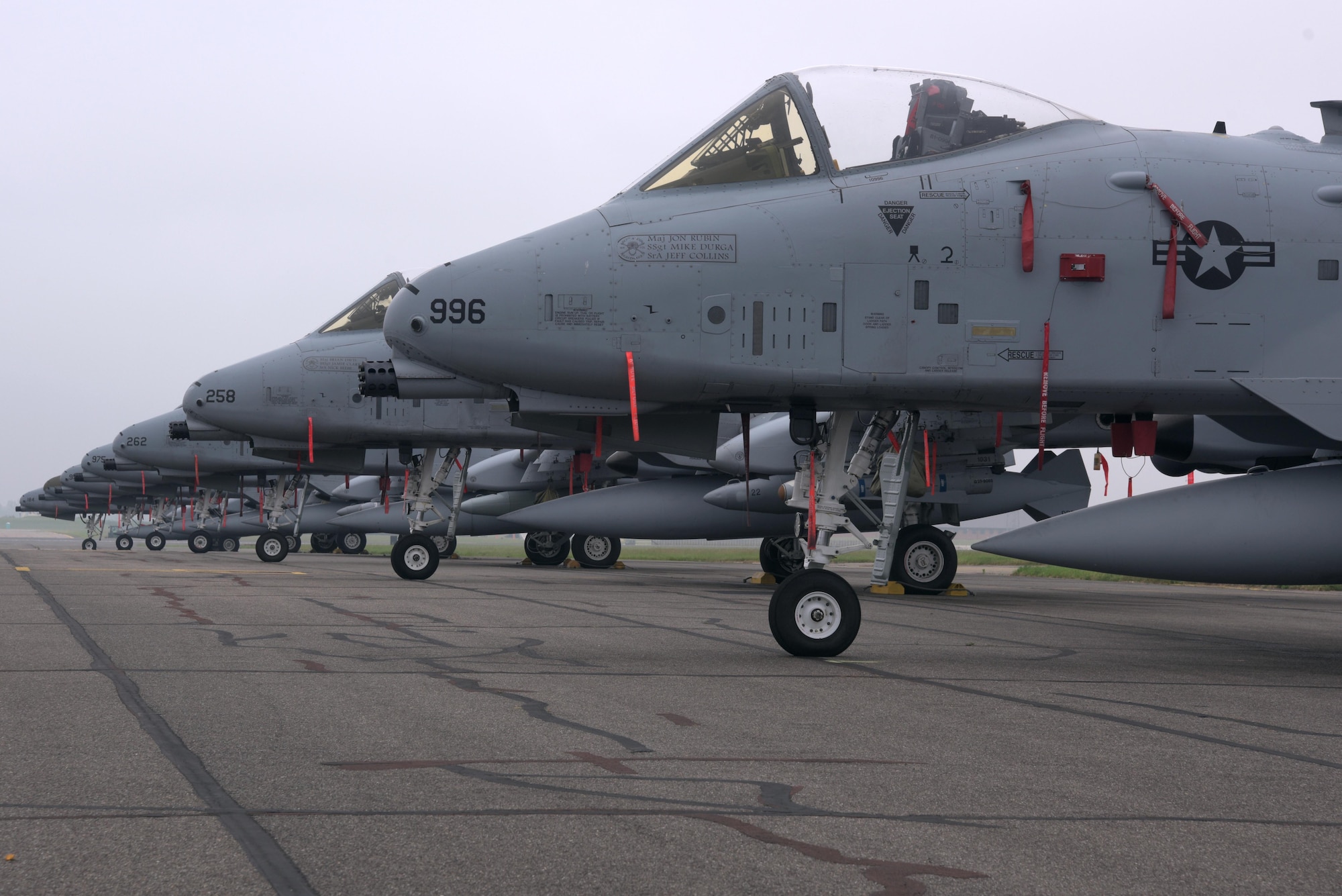 Seven U.S. Air Force A-10 Thunderbolt IIs, from the 127th Wing, Michigan Air National Guard, Selfridge Air National Guard Base, Mich., sit on the flightline at RAF Mildenhall, England, June 1, 2018. The Thunderbolts are passing through RAF Mildenhall on their way to support the U.S. Army Europe-led exercise Saber Strike 2018. Saber Strike 18 promotes regional stability and security while strengthening partner capabilities. (U.S. Air Force photo by Airman 1st Class Benjamin Cooper)
