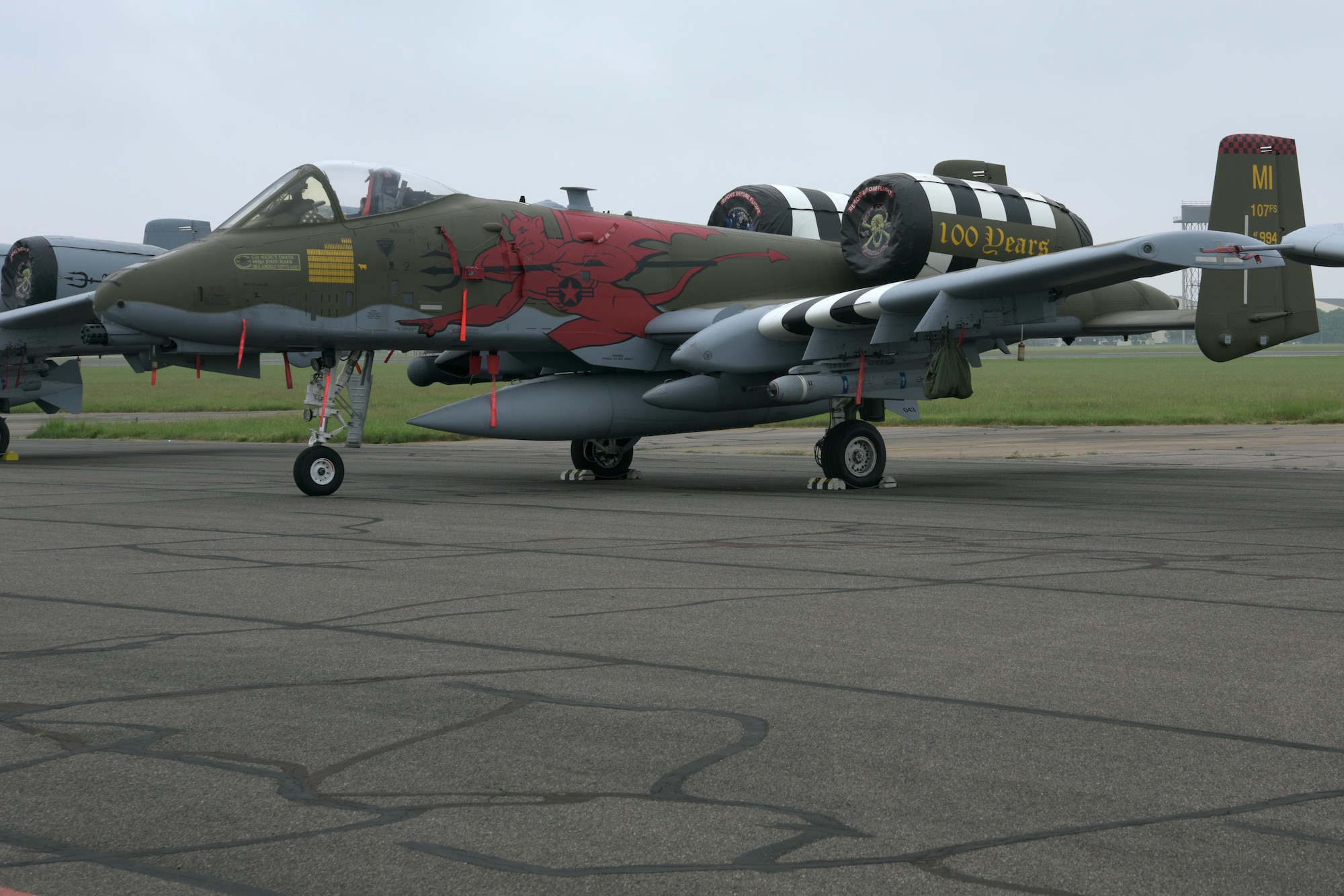 A U.S. Air Force A-10 Thunderbolt II with World War II commemorative markings, from the 127th Wing, Michigan Air National Guard, Selfridge Air National Guard Base, Mich., is parked on the flightline at RAF Mildenhall, England, June, 1, 2018. The Thunderbolt is one of several A-10s passing through RAF Mildenhall on the way to support the U.S. Army Europe-led exercise Saber Strike 2018. Saber Strike 18 promotes regional stability and security while strengthening partner capabilities. (U.S. Air Force photo by Airman 1st Class Benjamin Cooper)