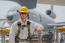 Airman 1st Class Ryan Hobbs, 380th KC-10 crew chief, after an intake and exhaust inspection on engine 2 of a KC-10 aircraft, Al Dhafra Air Base, United Arab Emirates, May 29, 2018. As a crew chief Hobbs conducts inspections and repairs KC-10 engines. (U.S. Air Force photo by Staff Sgt. Ross A. Whitley)