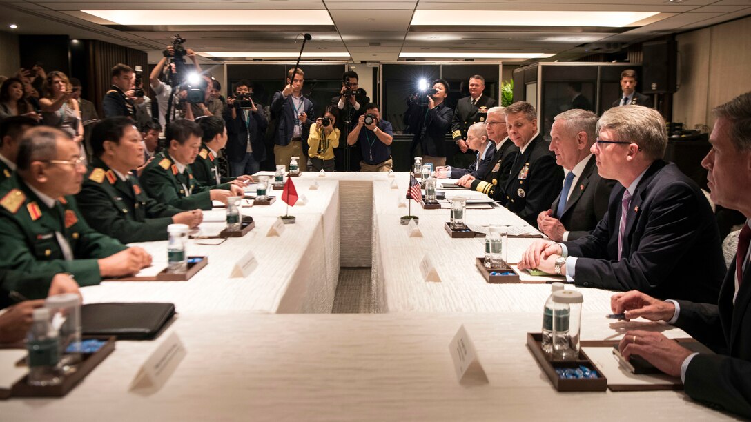 Defense Secretary James N. Mattis meets with Vietnamese Defense Minister Ngo Xuan Lich in Singapore.